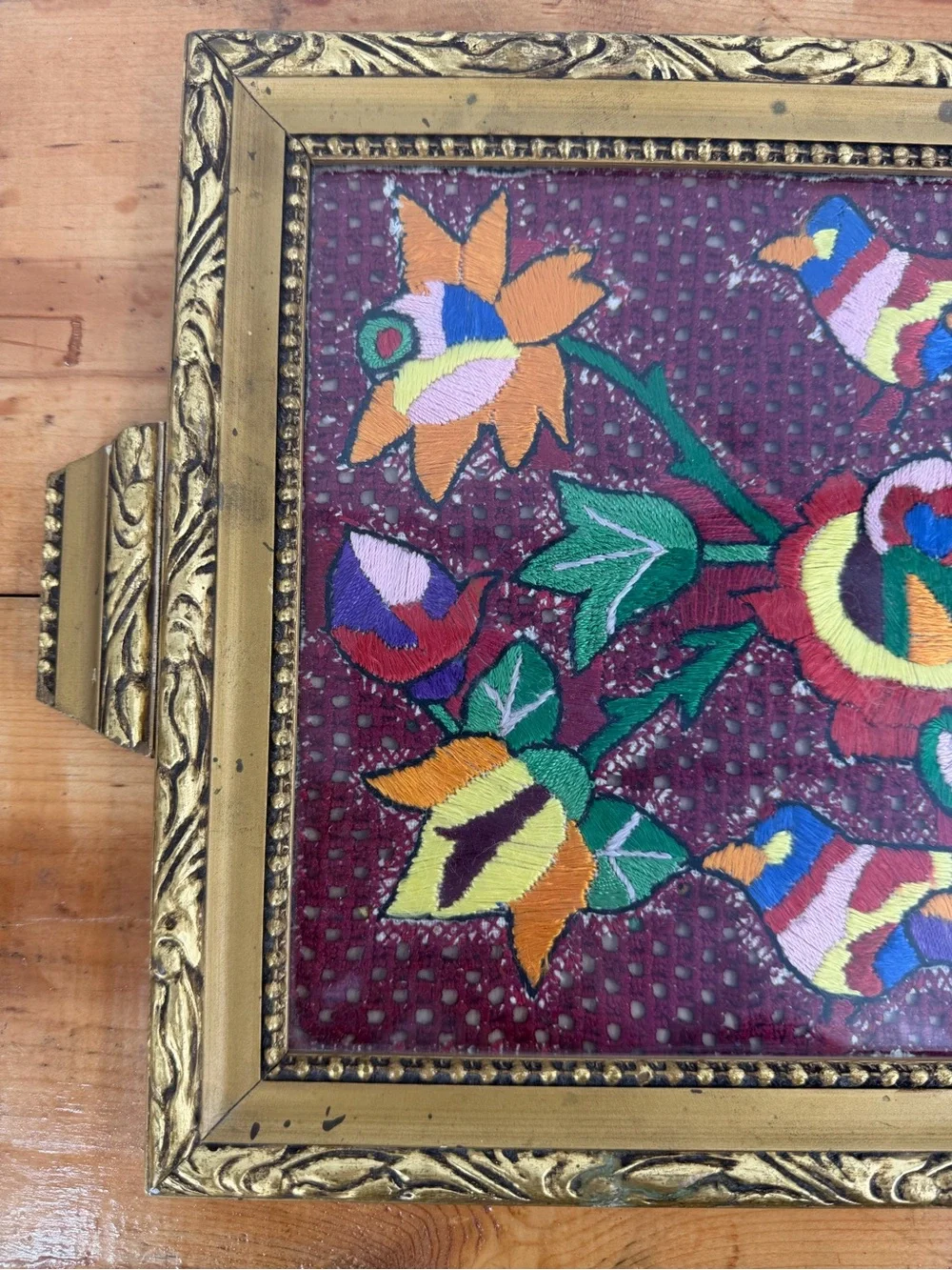 Vintage 70’s Framed Needlepoint Embroidered Floral Glass Vanity Gold Tray